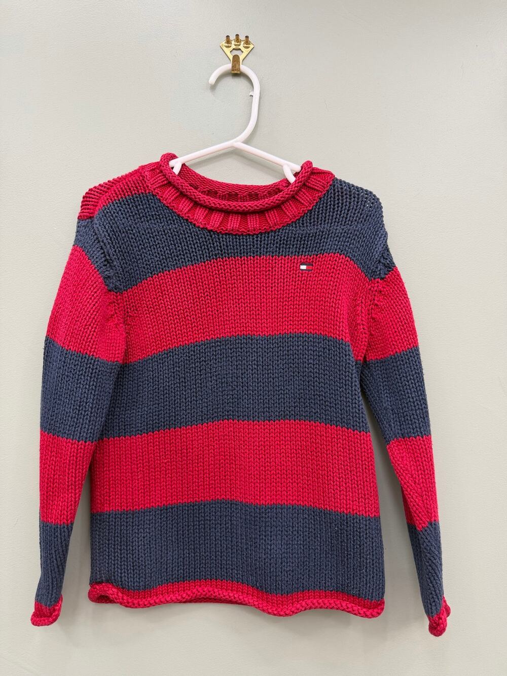Vintage 90s Tommy Hilfiger 2T Cotton Chunky Knit Striped Flag Sweater